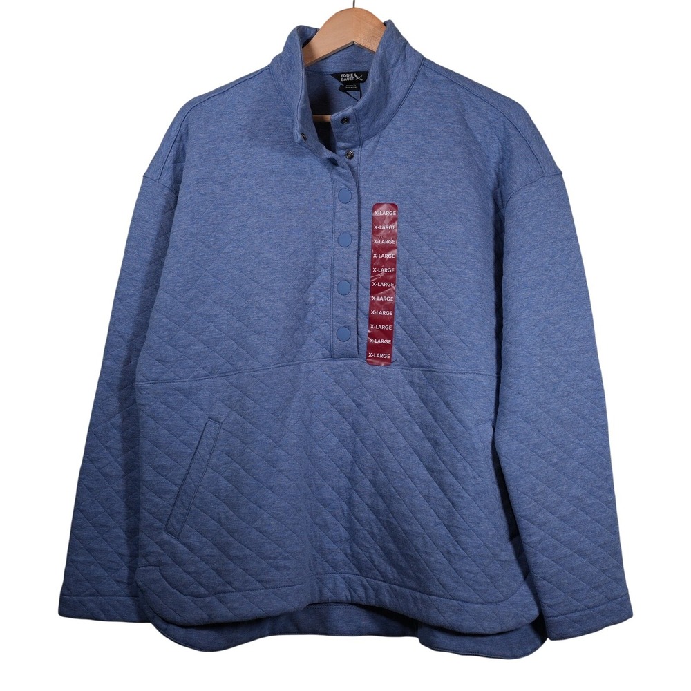 Eddie Bauer Quilted Pullover Women XL Blue Mock‎ Neck Snap EB006752